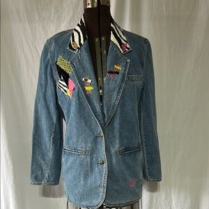 Upcycled LizWear size 4 Denim Blazer with Colorful Accents Preowned